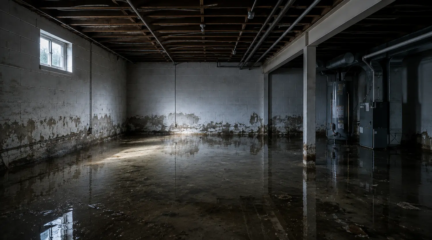 A block-walled basement with standing water across the floor and a horizontal staining line running around the lower walls at a consistent height